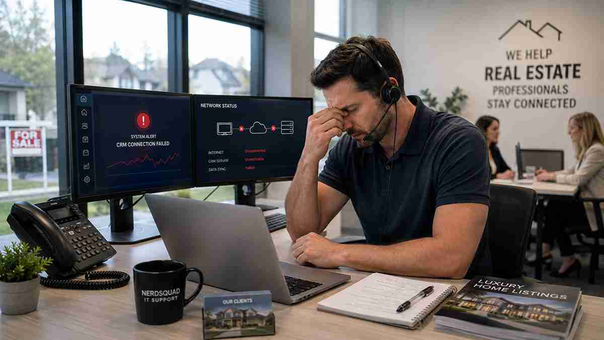 IT support technician wearing a headset at a laptop beside real estate listing materials