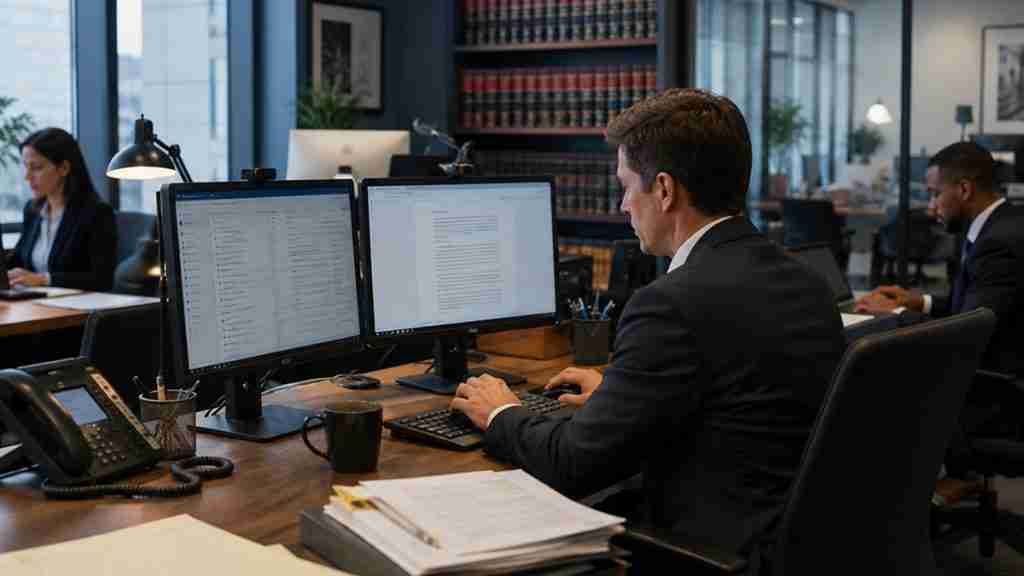Attorney working at a dual-monitor desk in a law office with bookshelves behind