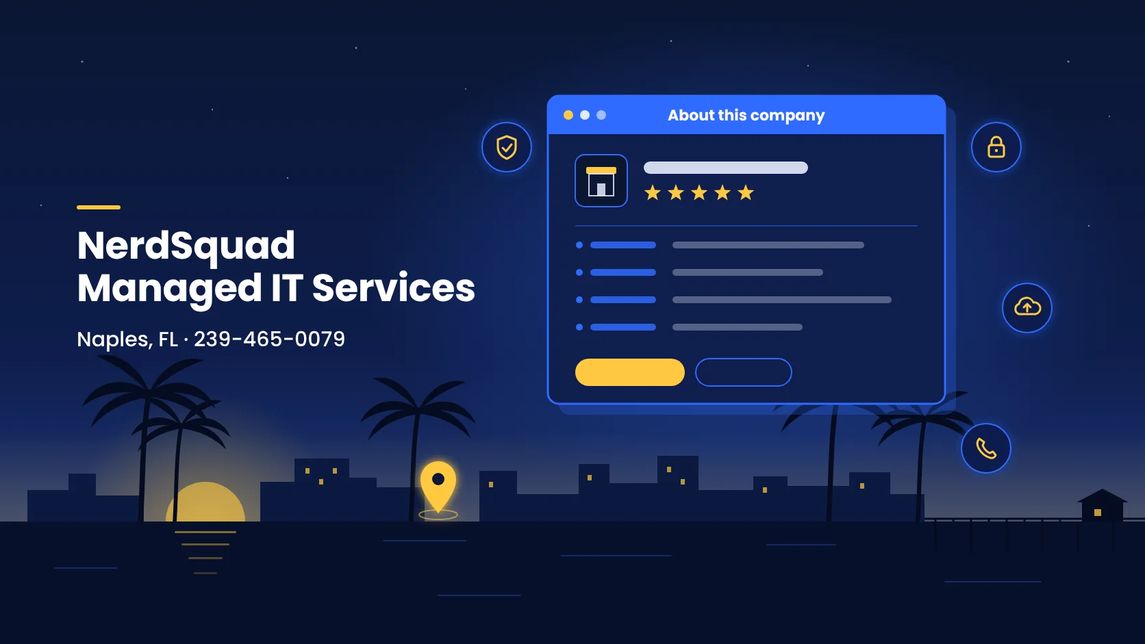 NerdSquad Managed IT Services in Naples, FL: an 'About this company' window with five stars over the Naples skyline and pier at dusk